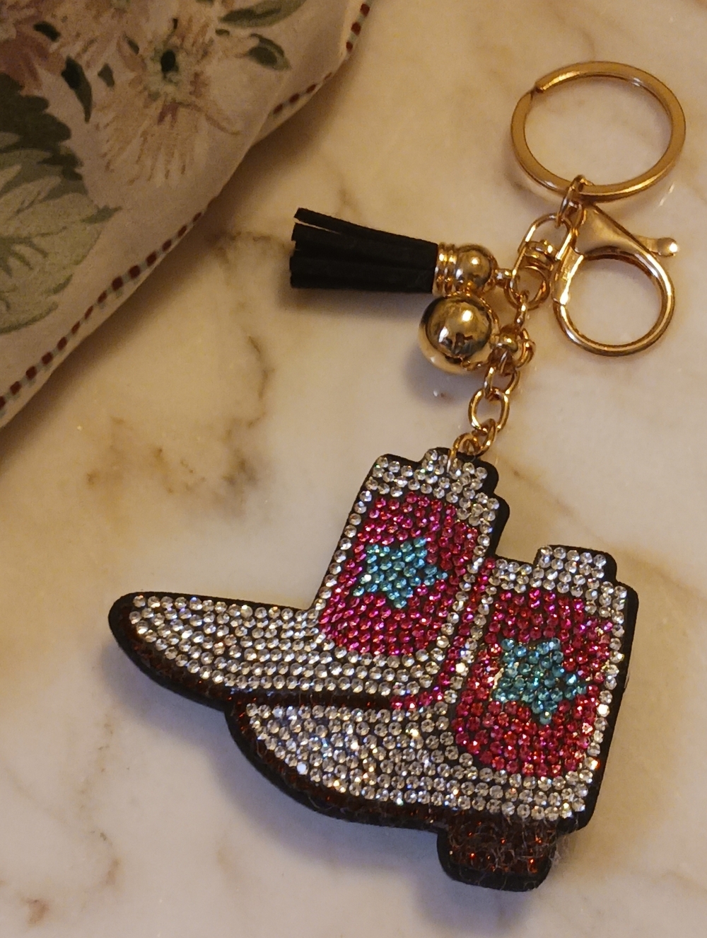 NWOT Cowboy Boots Bag Charm, Large Rhinestone And Fabric Key Chain
